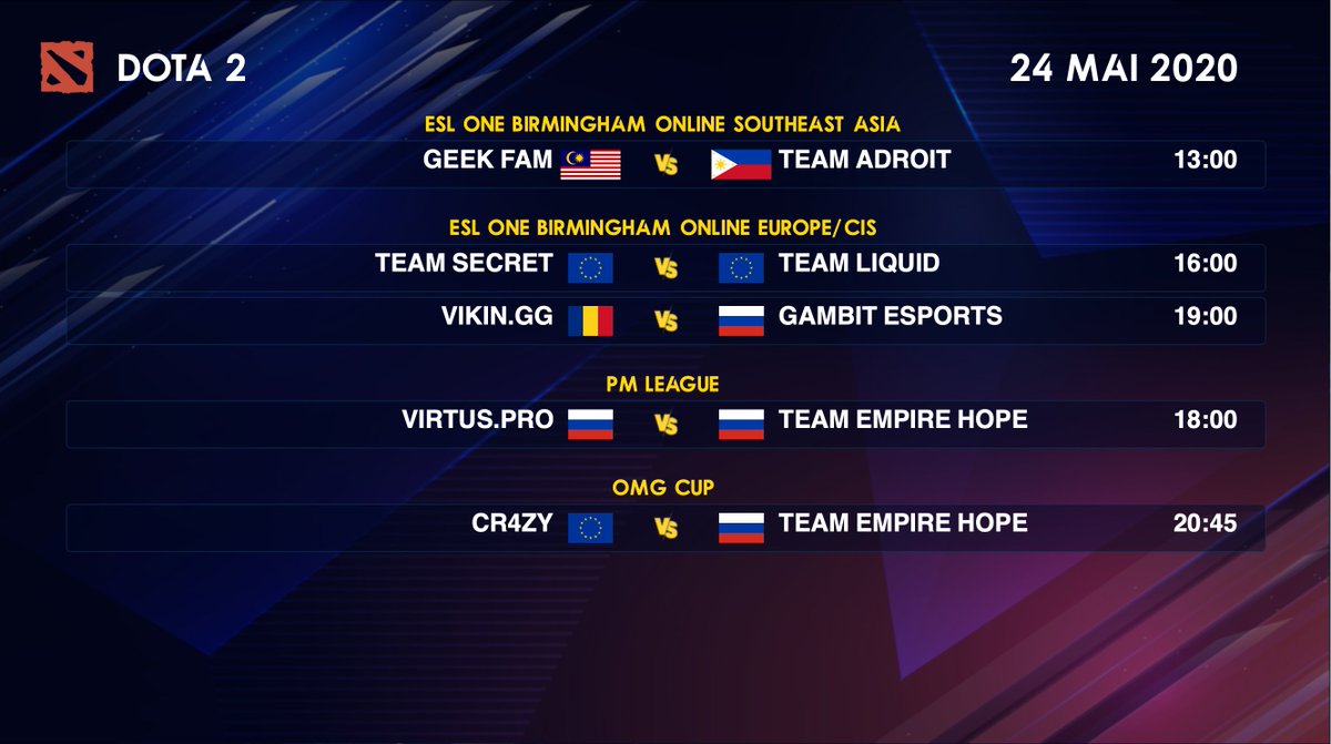 IMP_DOTA2's tweet photo. Programme Dota 2 du 24 mai 2020👇 https://t.co/gSp71Mc5Y0