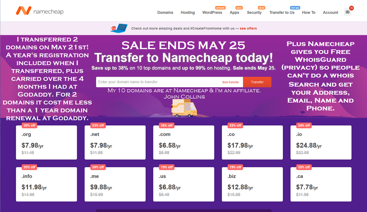 Johnr_Collins's tweet photo. Save on domain and hosting transfers with Namecheap!
https://t.co/Lfj4LPhQRx
Sale ends May 25. I transferred 2 domains!
#Domain #DomainTransfer #DomainName #DomainNames #Hosting #HostingTransfer #Website #Website #WordPress
My domains are at @Namecheap & I'm an affiliate. https://t.co/o0ebEEsEyo
