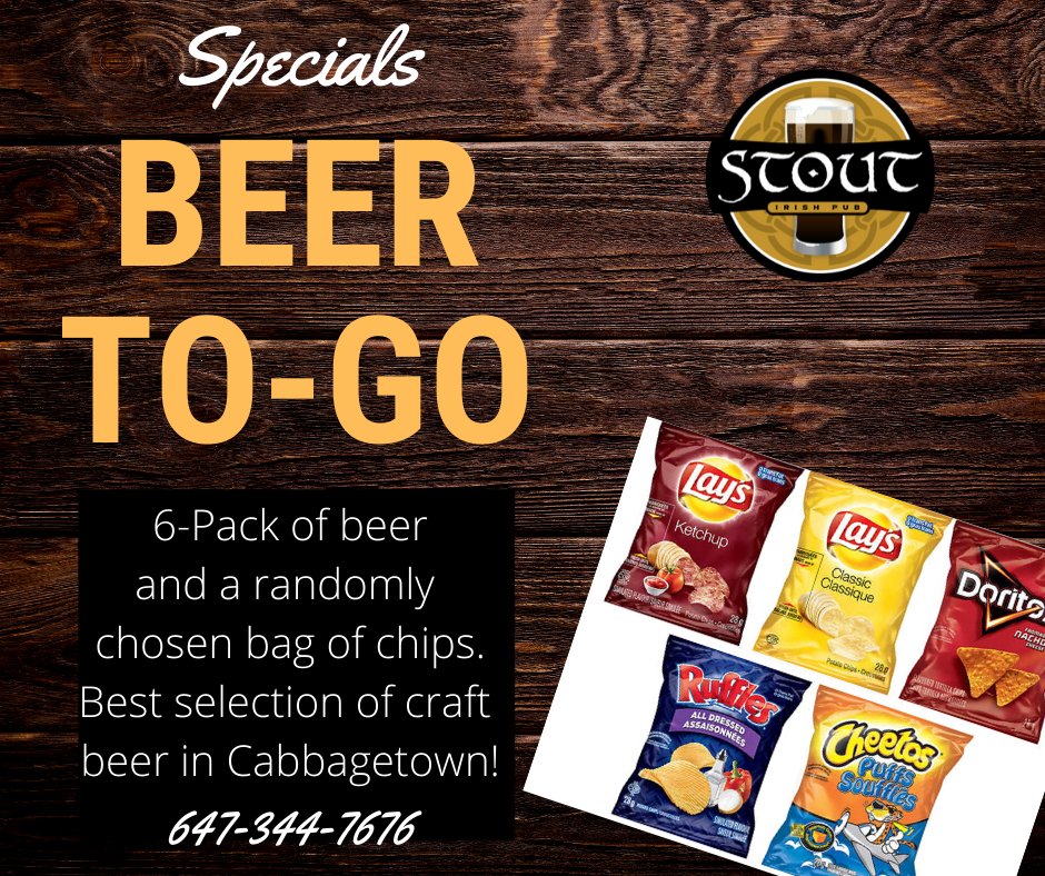 StoutIrishPubTO's tweet photo. We're open again tomorrow, 12-8pm for pick-up orders. Get a 6-pack of any beer and a randomly selected bag of chips! Sounds like a good Sunday afternoon to me! #cabbagetown #beertogo #cidertogo #fun #pickup
#takeout #SundayFunday #publife https://t.co/2sgvEiQXyG