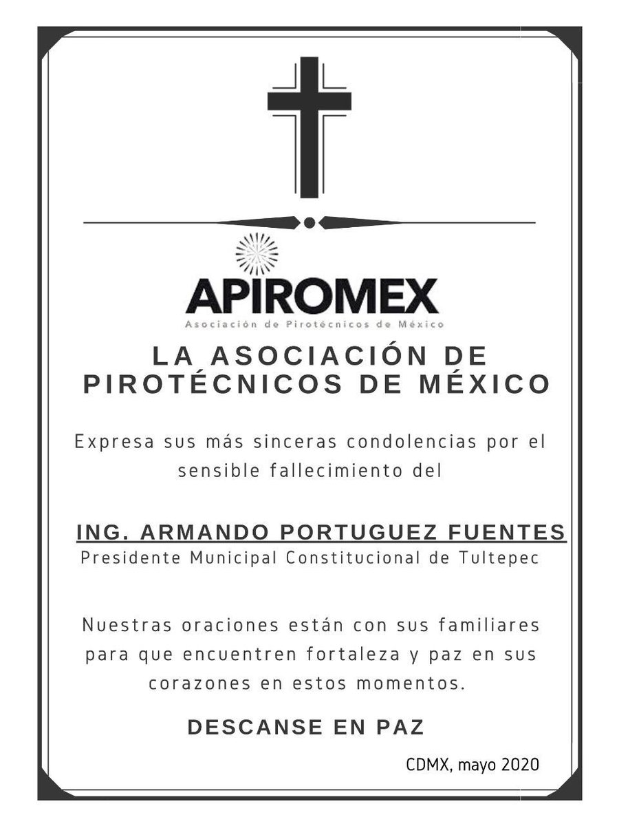 apiromex's tweet photo. APIROMEX expresa sus más sinceras condolencias por el sensible fallecimiento del Ing. Armando Portuguez Fuentes. Descanse en paz. https://t.co/Fa9yxv9o1f
