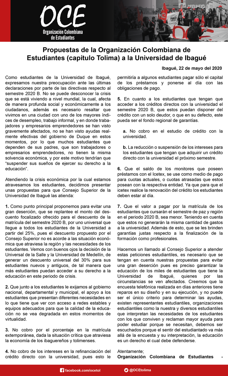 OCEtolima's tweet photo. Propuestas para la @unibagueoficial sobre el descuento en el pago de matriculas.

Les invitamos a leerlo, comentar y compartir. https://t.co/cpyJapWHrd