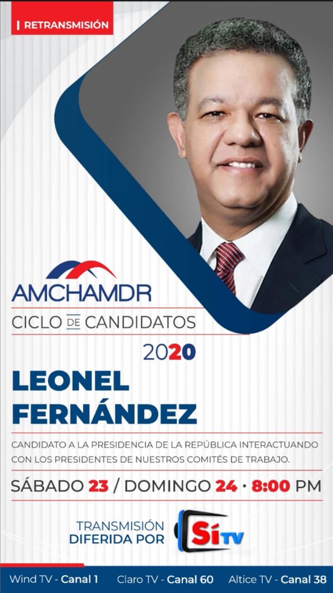 A sintonizar la transmisión diferida con <a href="/LeonelFernandez/">Leonel Fernández</a>, candidato a la Presidencia de la República, en el marco del Ciclo de “Candidatos 2020”, a través de SiTV,
a las 8:00 P. M. de este sábado y domingo. Más adelante debatirá <a href="/luisabinader/">Luis Abinader</a> y @Gonzalo2020RD ¡ESCUCHEMOS!