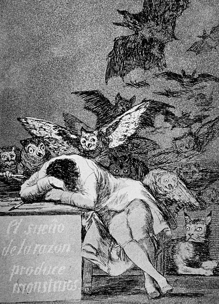 Otra pista visual de Kubrick es 'El sueño de la razón produce monstruos '(1799), un grabado de Goya que representa al pintor dormido rodeado de seres, sugiriendo que los artistas son especialmente vulnerables a los pensamientos oscuros, como Jack y los fantasmas del Hotel.