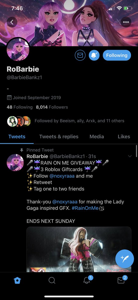 Barbz On Twitter Rain On Me Giveaway 3 Roblox Giftcards Follow Noxyraaa And Me Retweet Tag One To Two Friends Thank You Noxyraaa For Making The Lady Gaga Inspired Gfx Rainonme Ends - flamegg on twitter 1x 10 roblox giftcard giveaway