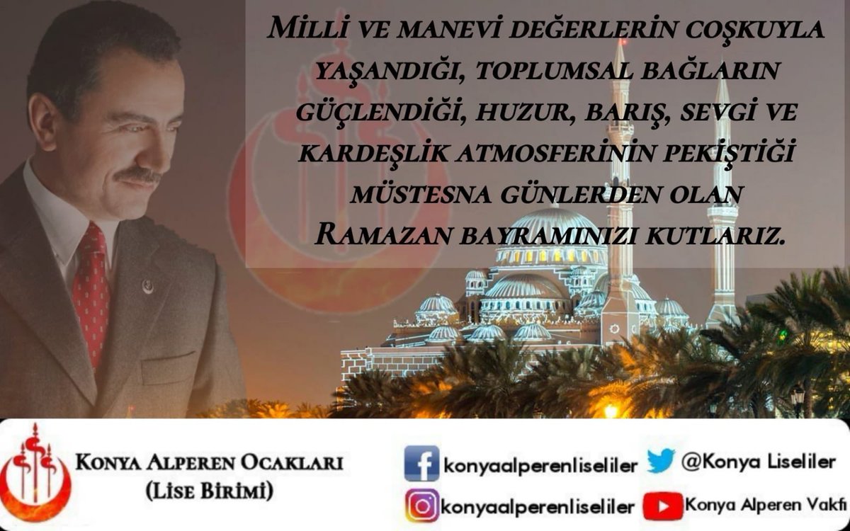 KonyaLiseliler's tweet photo. Rahmet ayı olan Ramazan-ı Şerif’i bayram ile taçlandıran Rabb’ül Âlemin’den, bu bayramın Türk-İslam alemine huzur, rahmet ve bereket getirmesini niyaz eder, hayırlı bayramlar dileriz. #ramazanbayramı #bayrammesajım #bayram #Ramazan https://t.co/aeUk0AzOEN