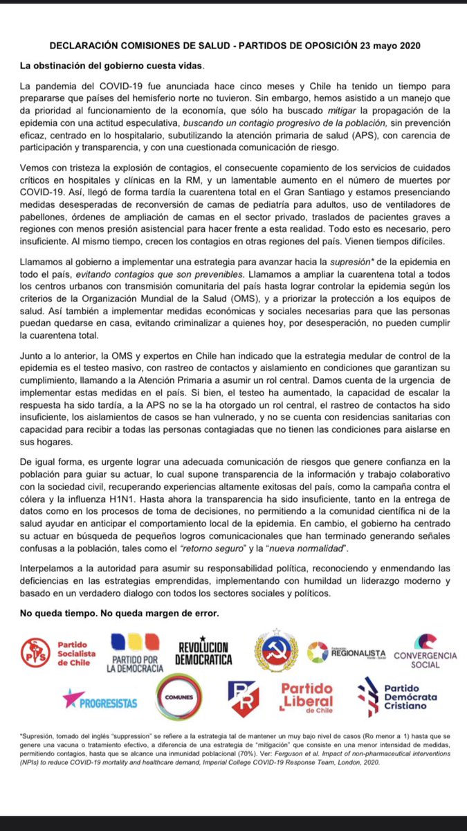 llebllo's tweet photo. Declaración de comisiones de salud de partidos de oposición respecto a COVID #obstinacioncuestavidas https://t.co/lvPwa0q7kI