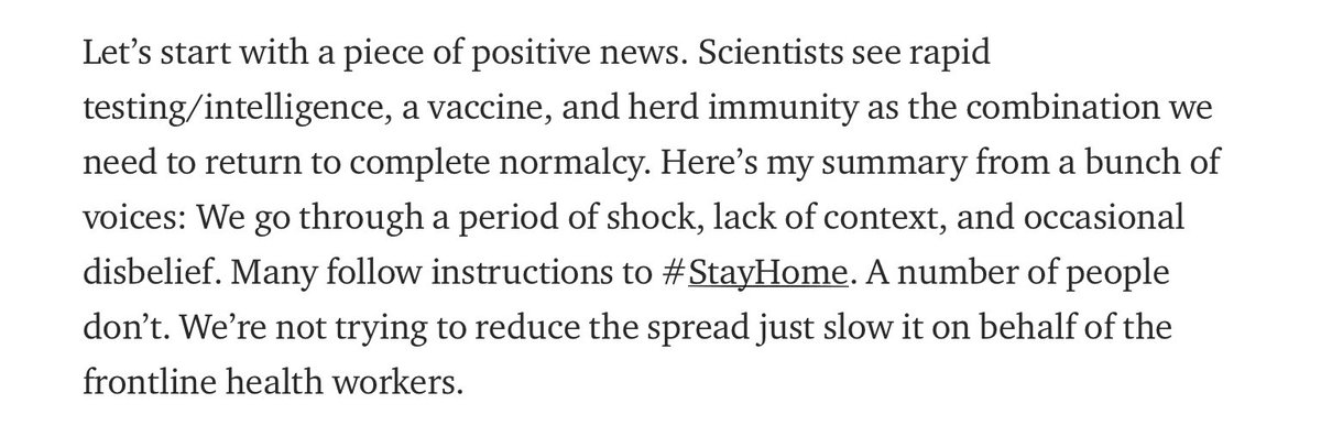 First call: That the  #StayHome   effort would have mixed success.So far: Much more consistent success than I would have thought. R0 reduced below 1 for a time and people were united in taking spread seriously. For any disunity there is now, it’s better than I assumed then. 4/