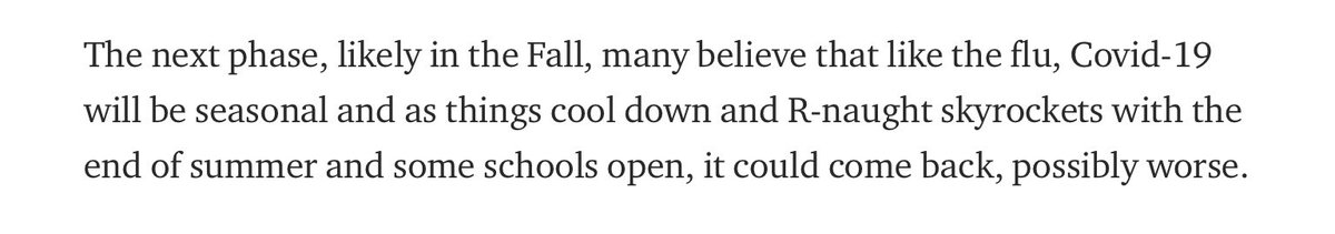 Eighth call: I anticipated that whatever lull we experience in the summer, we will see a worrisome second wave in the Fall. But I also predicted we would handle it better with fewer losses.So far: We will see but it still feels right. We can of course impact this still! 11/