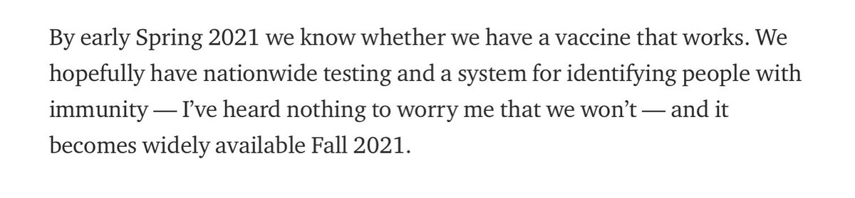 Eleventh call: By Spring 2021 we know whether we have a vaccine that works, testing, & understanding immunity.So far: Jury is out. 14/