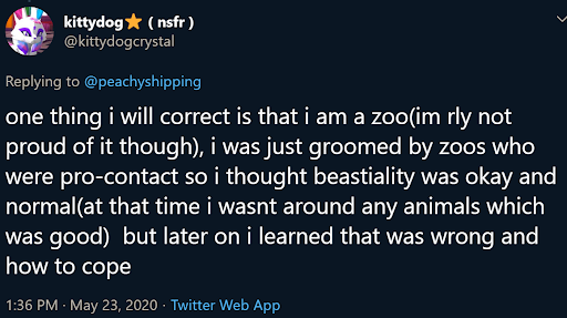 ss taken from this thread(its defending her but this is her claiming she is still indeed a zoo) https://twitter.com/peachyshipping/status/1264278155315089409?s=20