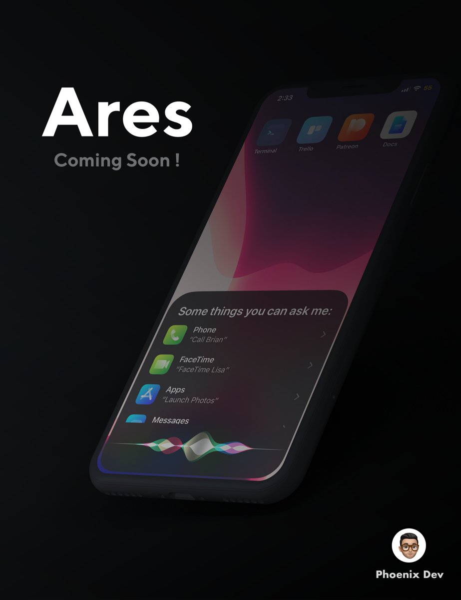 phnx_dev's tweet image. Let&apos;s celebrate the release of #unc0ver with a new Siri experience ! Stay tuned for #Ares. Coming Soon !