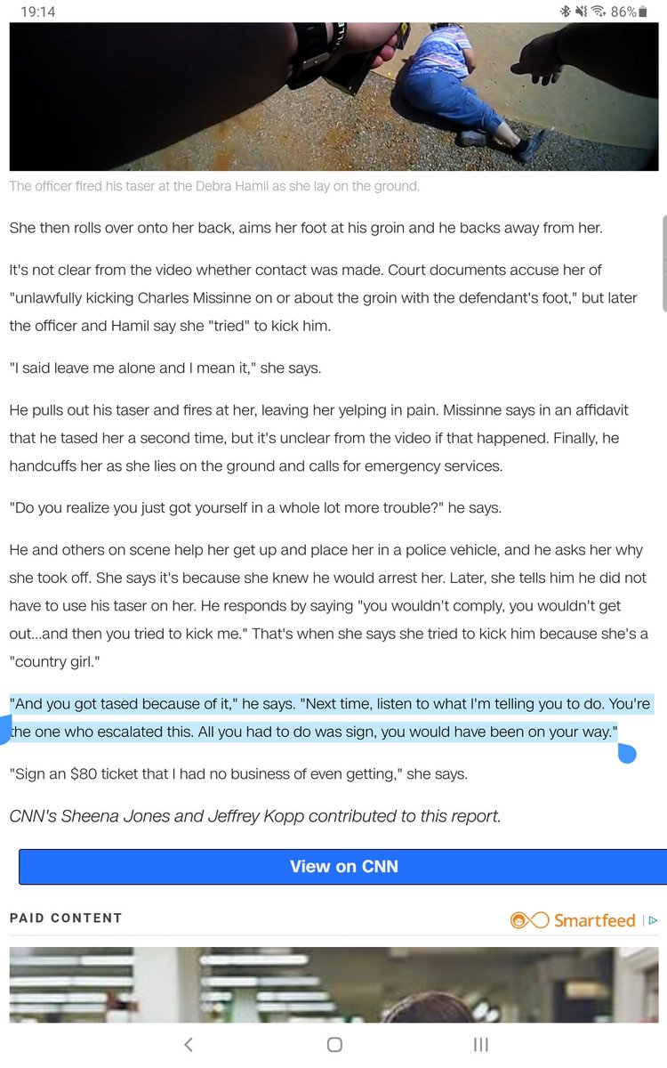 This goddamn dirty  had the balls to blame her for what HE did to HER. This is LITERALLY, VERBATIM what abusers say to their abuse victims. "YOU'RE the one who escalated this. That's why I HAD to rip you out of your car, throw you down, and taze you. https://www.cnn.com/2019/07/31/us/oklahoma-traffic-stop-arrest/index.html