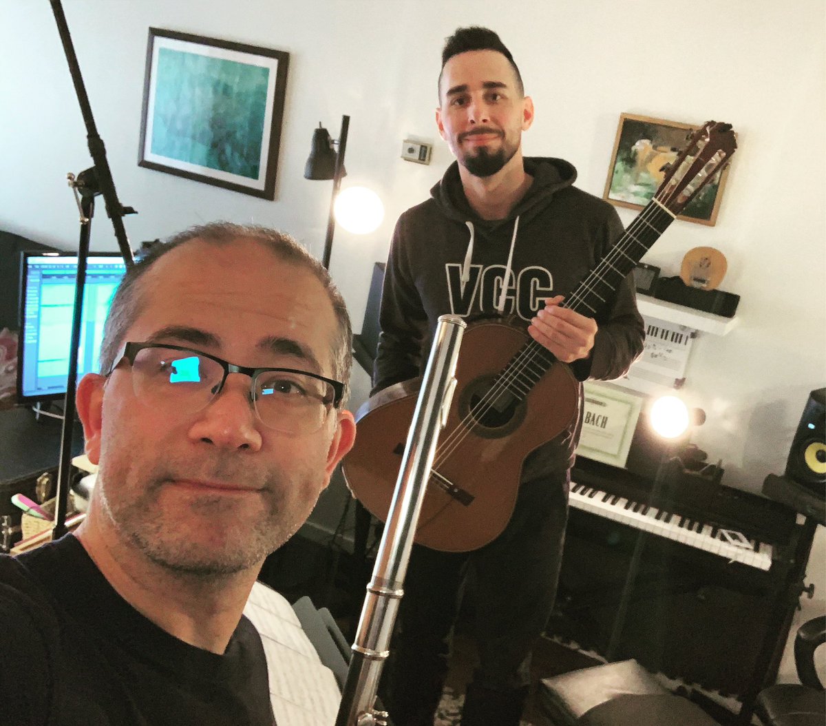 Grateful to have this guy in my bubble. @VerdejoGuitar and I convened yesterday for a (socially-distanced) rehearsal and recording session of some beautiful music by @JocelynMorlock 
#fluteandguitar #altoflute #mcgregorverdejoduo #canadianmusic #quarantinelife