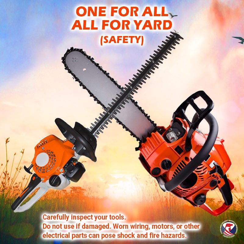 A chainsaw and a hedge trimmer in front of a sunset. The text reads carefully inspect your tools. Do not use if damaged. Worn wiring, motors, or other electrical parts pose shock and fire hazards.