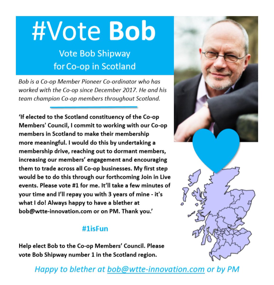 BobS_MPC's tweet photo. Meaningful Longevity is key to me. Being elected in the Scotland const. of Co-op Members' Council is a good example. Use a few mins of your time to give me your #1 vote. I’ll repay you with 3 yrs of mine - it's what I do! Blether on PM. Thank you. #UKWideConnections #1isFun! https://t.co/uywRd1QmI2
