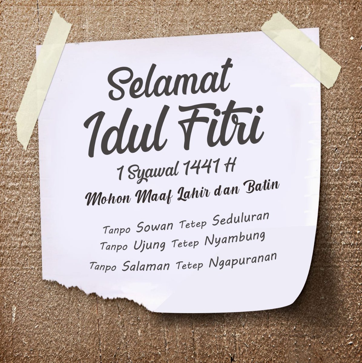 Taqabalallaahuu minna wa minkum, shiyamana wa shiyamakum

Selamat Idul Fitri 1441 H
Mohon Maaf Lahir &amp; Batin 🙏

Supri &amp; Eryanti