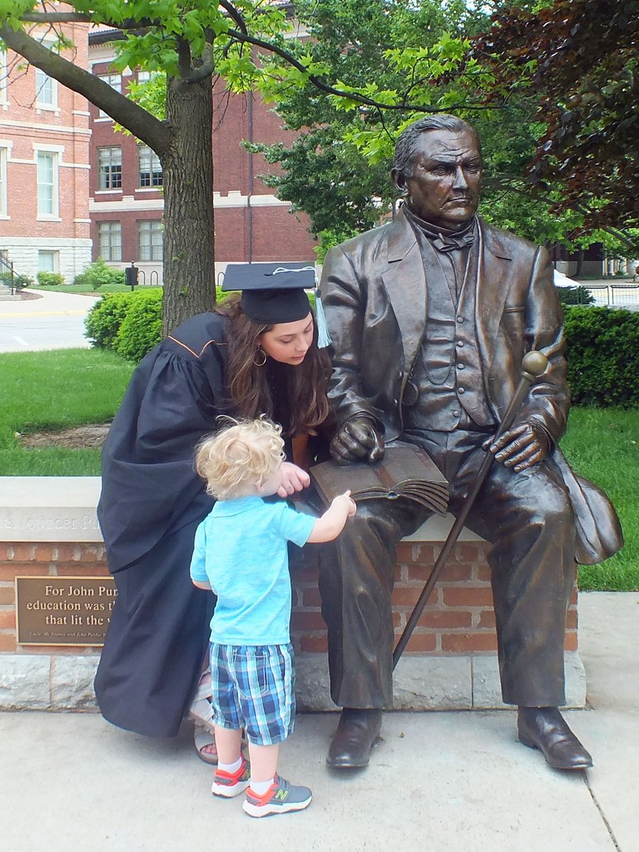 HugeHunkOfSwiss's tweet photo. James was very interested in the statue of John Purdue, and *insisted* that we read him the text of John's book. ("For John Purdue, education was the flame that lit the world...")
#FutureBoiler @LifeAtPurdue https://t.co/X0YiTgAZxy