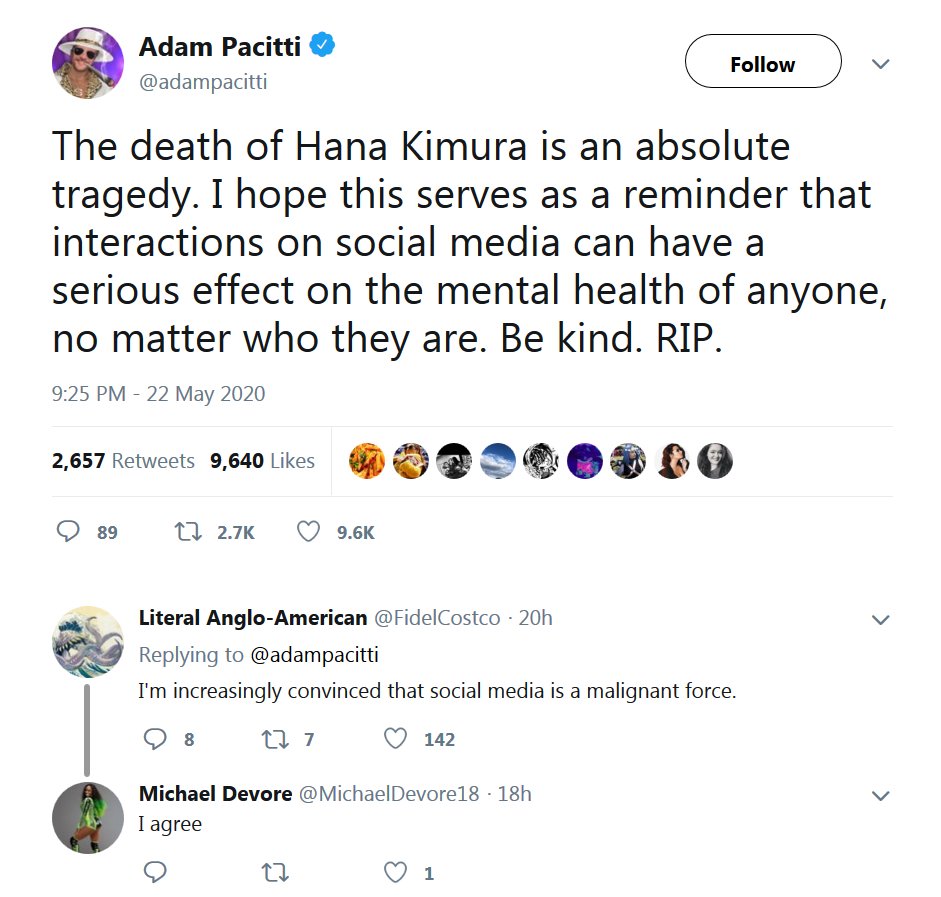 "would help humanity out a great deal if we could put effort into being kind to one another" https://archive.li/jB7KT "Hope this serves as a reminder that interactions on social media can have a serious effect on the mental health of anyone" https://archive.li/UPrCp 
