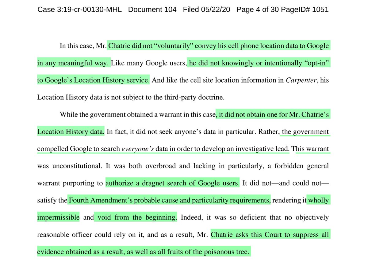 “..government obtained a warrant in this case, it did not obtain one for Mr. Chatrie’s Location History data. In fact, it did not seek anyone’s data in particular. Rather, the government compelled Google to search everyone’s data in order to develop an investigative lead”Get it?