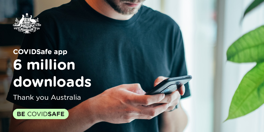 ausgov's tweet photo. More than 6 million Australians have downloaded the COVIDSafe app. 

With restrictions easing, it’s more important than ever to have the COVIDSafe app installed on your phone. 

Download the app today at https://t.co/vw683vRCpb 

#coronavirusaustralia #covid19 https://t.co/K6uqDo2H3g
