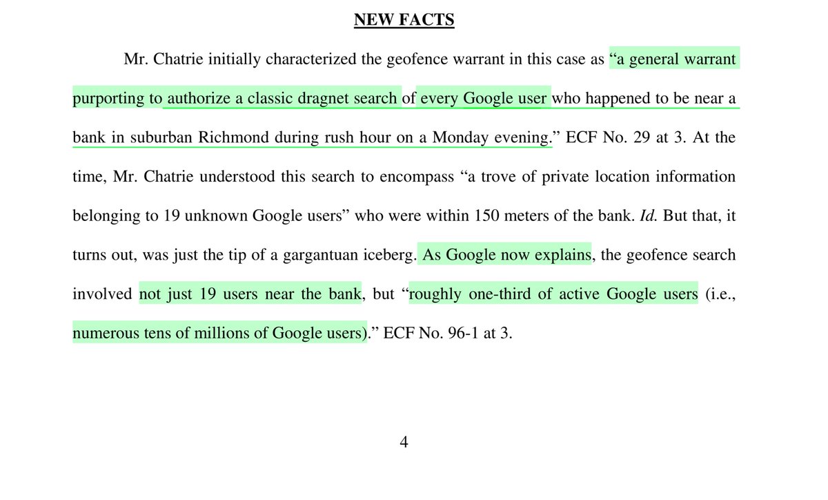 during the Course of this case, google disclosed it wasn’t just 19 devices“Google now explains, the geofence search involved not just 19 users near the bank, but “roughly one-third of active Google users...”Read the FOOTNOTES- trust me on that;1/3 of google users= 660 Million