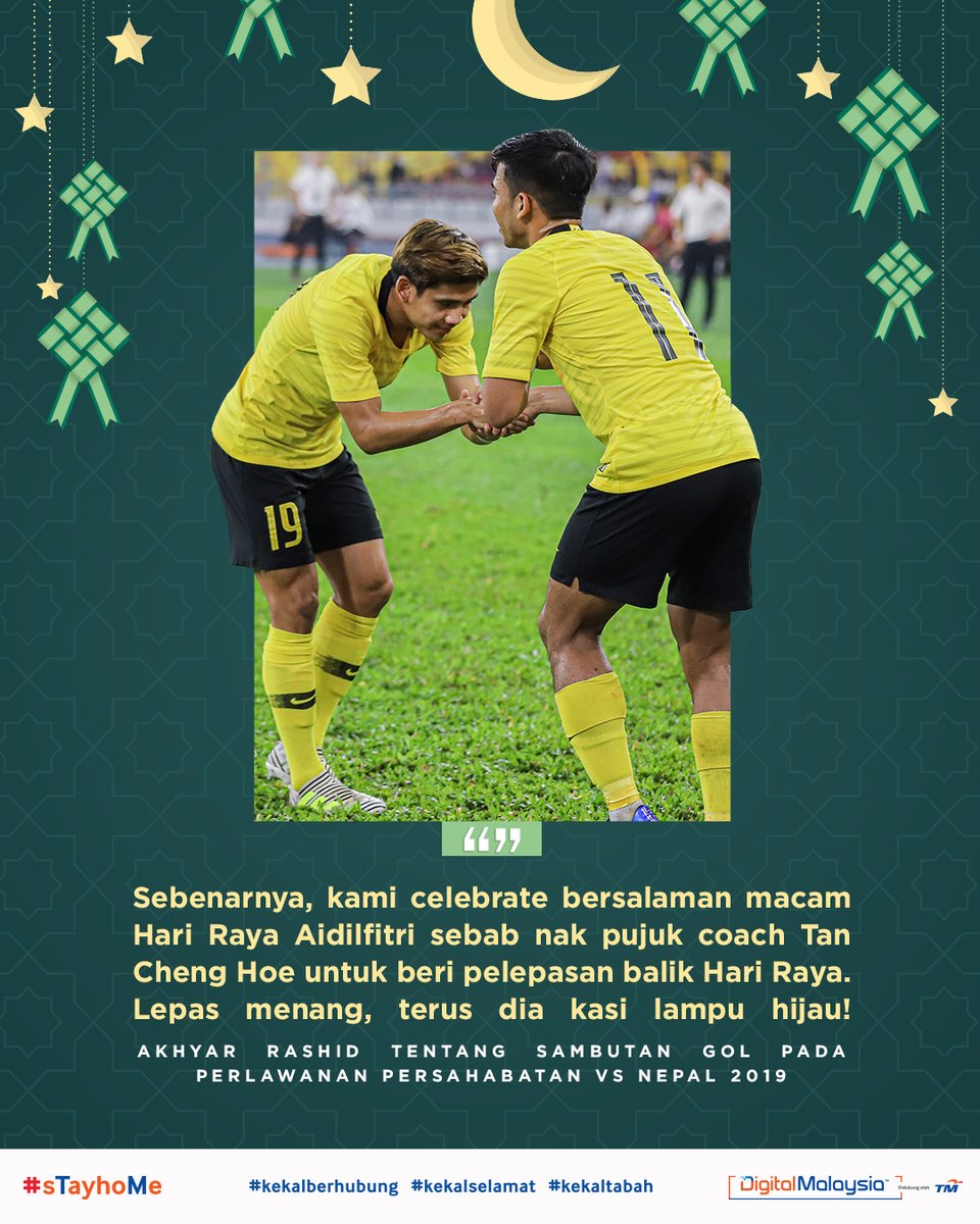 UnifiSports's tweet photo. 💬 @akhyar_rashid share kisah disebalik goal celebration bersalaman hari raya waktu friendly #MASvNEP tahun lepas! 😂

#SelamatHariRaya rakyat Muslim #MAS 🇲🇾! Tahun ni kita berkorban &amp; bersederhana supaya bersama kita #kekaklselamat. ♥️ #sTayhoMe #EidMubarak #KamiTeamMalaysia https://t.co/c4ozvaIIA3