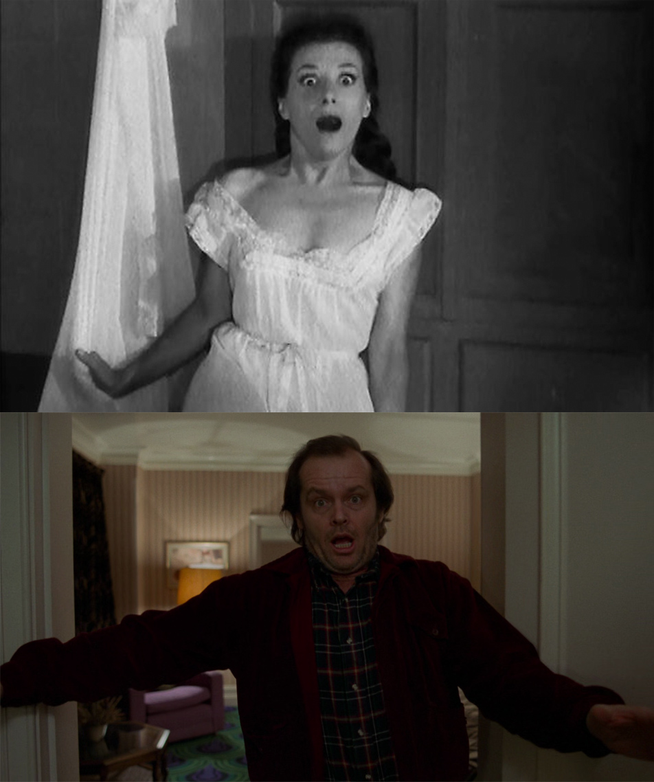 La imagen de la mujer muerta de la 237 levantándose de la bañera es muy similar a la de DIABOLIQUE (1955), pero el plano medio de reacción de Véra Clouzot tiene una respuesta en la faz de horror de Jack Nicholson.