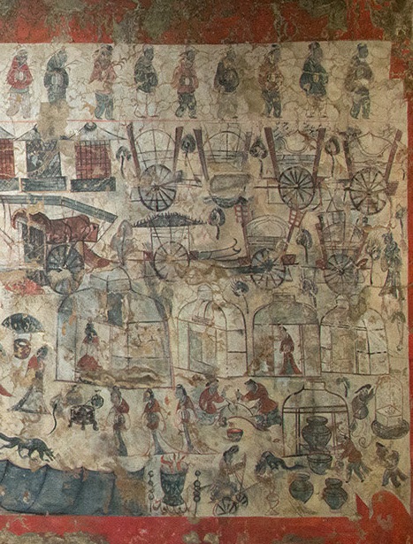 Here're a couple of objects which help to pin down the close connections of the city (Pingcheng, today Datong) with Eurasian world. First, as a people originating on the steppe, the Xianbei nobility got their nomadic way of life painted in their tombs: yurts, tent carts, BBQ ...