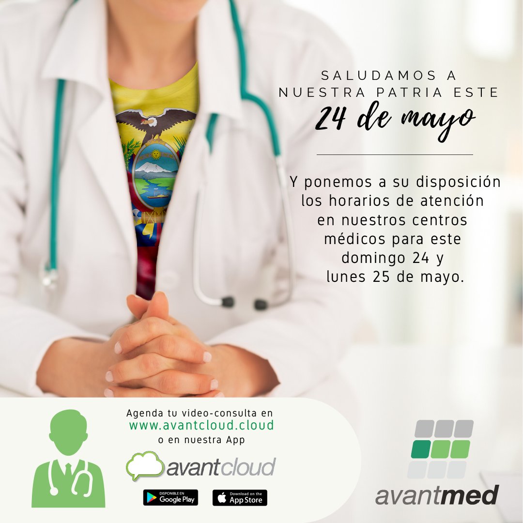Avantmed Shyris - Quito
Domingo y lunes de 08:00 a 12:00

Avantmed Urdesa - Guayaquil
Domingo de 07:00 a 13:00
Lunes de 07:00 a 19:00

Avantmed - Tulcán 
Lunes de 08:00 a 13:00
 
Avantmed - Ambato
Lunes 07:00 a 12:00

Pide tu Cita Médica llamando al 1700-282686 o al 3945870