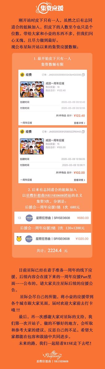 @ 星際狂想曲 | SR1SE0608 PART ONE (4)charity work in R1SE’s name (details)- 1000 yuan- 1 fridge- 300-500 bottles of mineral water- total donations: 2224.4 yuanrepeats are because of multiple groups participating (i’ve tallied those that are exactly the same)