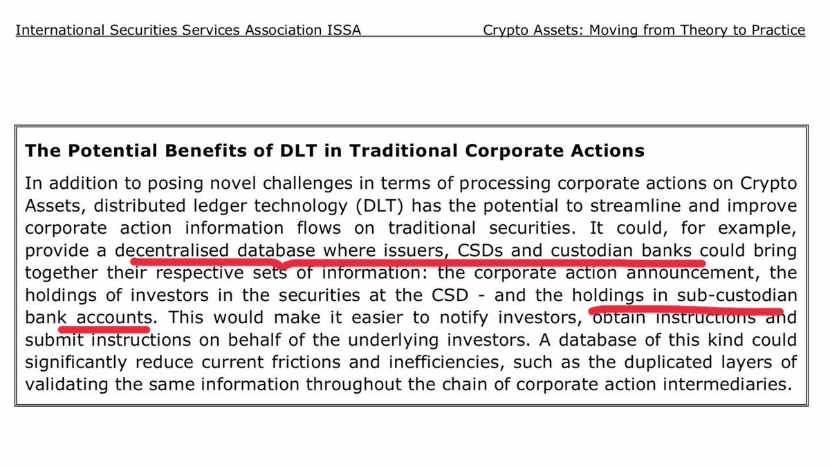 ISSA REPORT on Market Infrastructure is supporting the integration of crypto assets DLT’s/exchange with Trading Platforms for tokenized Assets & Security Tokens. Working Group behind this report clearly hints at Custodians & CSD’s act on behalf clients facilitate trades/Payments