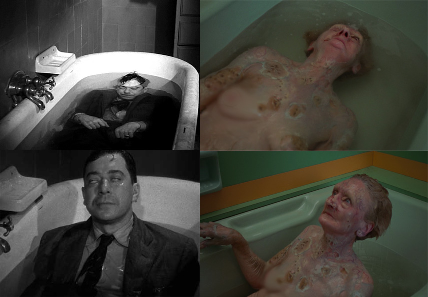 La imagen de la mujer muerta de la 237 levantándose de la bañera es muy similar a la de DIABOLIQUE (1955), pero el plano medio de reacción de Véra Clouzot tiene una respuesta en la faz de horror de Jack Nicholson.