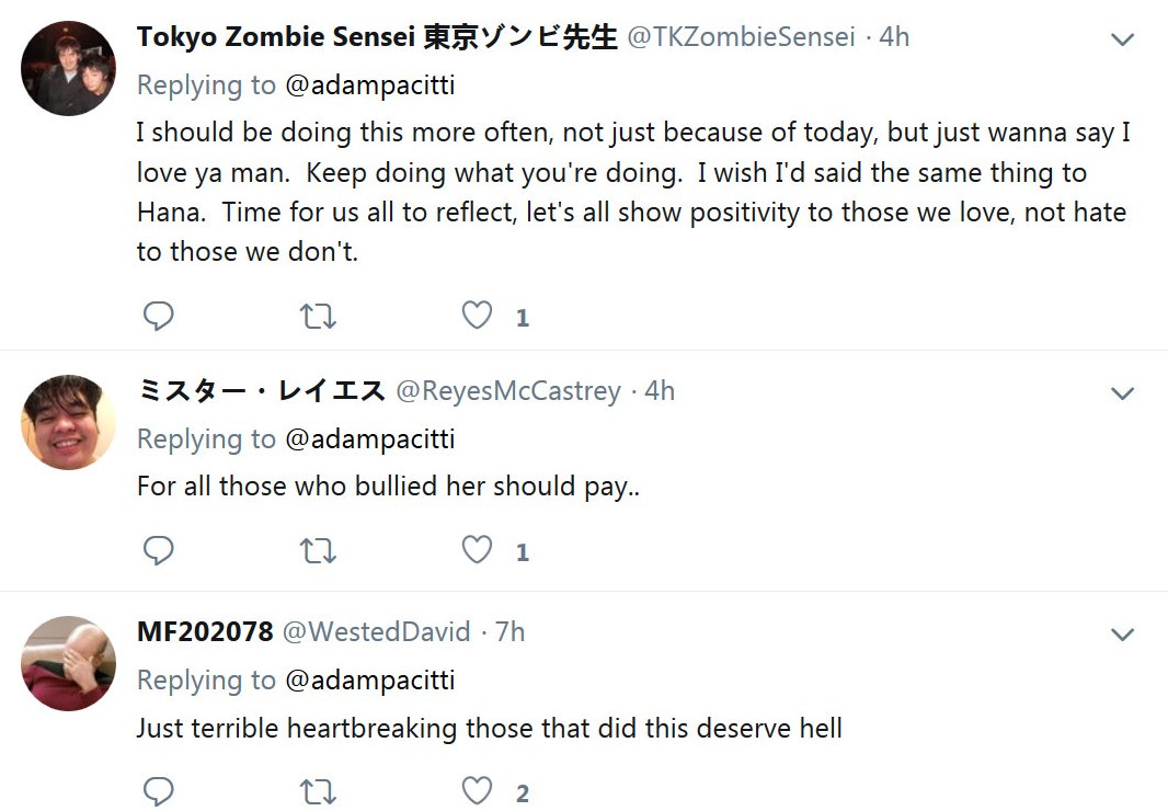 "Let's all show positivity to those we love, not hate to those we don't" https://archive.li/Gkyfn "For all those who bullied her should pay.." https://archive.li/R6yrm "Just terrible heartbreaking those that did this deserve hell" https://archive.li/S9dr3 