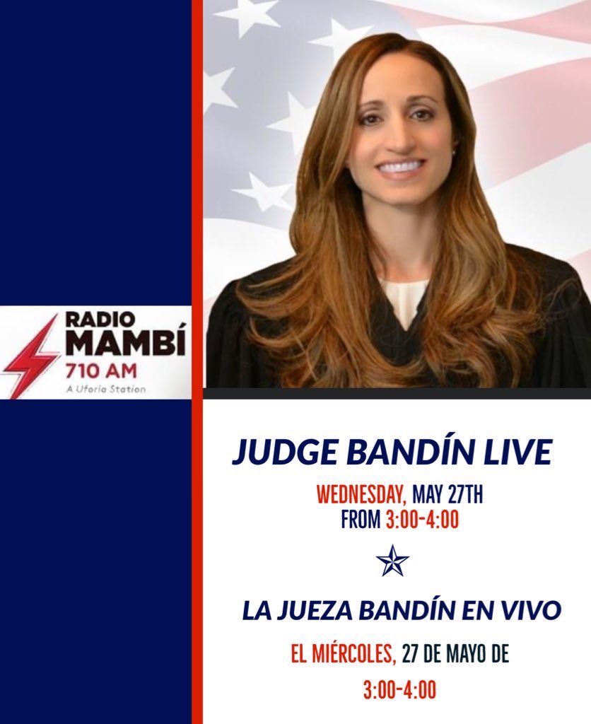 keepjudgebandin's tweet image. Tune in to Radio Mambí (710 AM) on Wednesday from 3:00-4:00pm. Judge Christine Bandín will be live on air with Ricardo Corona. #KeepJudgeBandín
