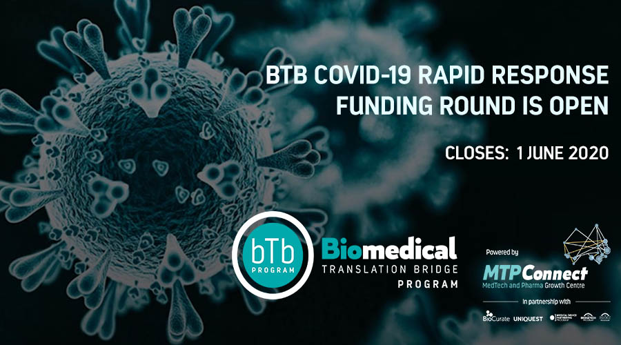 MTPConnect_AUS's tweet photo. You have 8 days remaining to submit EOIs for R3 of the BTB program! We're looking to support eligible orgs to develop #medicaldevices, diagnostics, prophylactic or therapeutics that will achieve an impact on the #COVID19 response in less than 12-months  https://t.co/cT3IM88hd2 https://t.co/Ntp776quMl