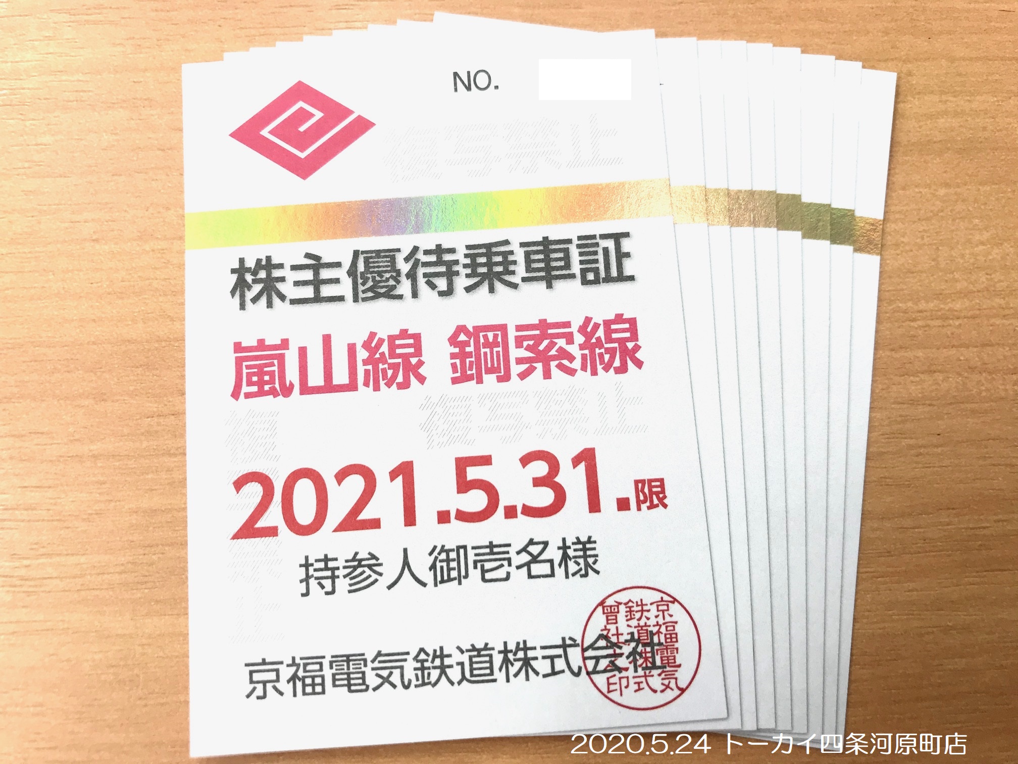 京福電気鉄道 株主優待乗車証嵐山線（2024.5.31）