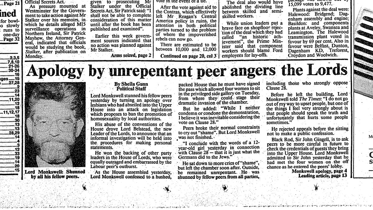 The man who let the protestors in – by mistake – was Lord Monkswell.The Lords cried Shame! as Monkswell attacked the Clause‘I conclude with the words of a 12 year old girl yesterday in connection with Clause 28 – that it is just what the Germans did to the Jews’