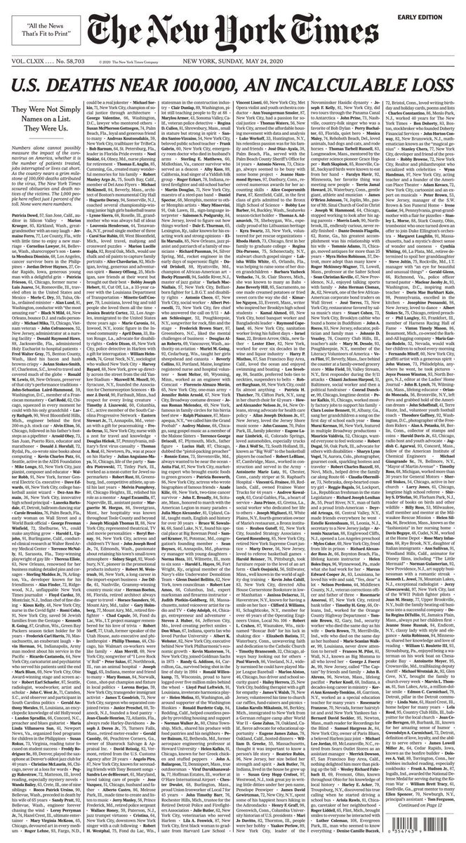Incredibly powerful front page of <a href="/nytimes/">The New York Times</a>. Zoom in to see how each name has a descriptive line about them too. Real people who led real, often extraordinary lives. Statistics, however awful, don’t properly tell the coronavirus story - this stunning piece of journalism does. 👇