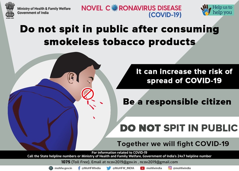 MoHFW_INDIA's tweet photo. #IndiaFightsCorona

Refrain from consuming smokeless tobacco products &amp; spitting in public places. This will not only improve the level of basic hygiene but will also prevent the spread of #COVID19.

#ThooknaVarjitSwasthArjit  #SwasthaBharat #CoronaOutbreak #Lockdown4 https://t.co/dv6AkwHiZi