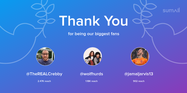 Our biggest fans this week: TheREALCrebby, wolfhurds, jamaljarvis13. Thank you! via sumall.com/thankyou?utm_s…