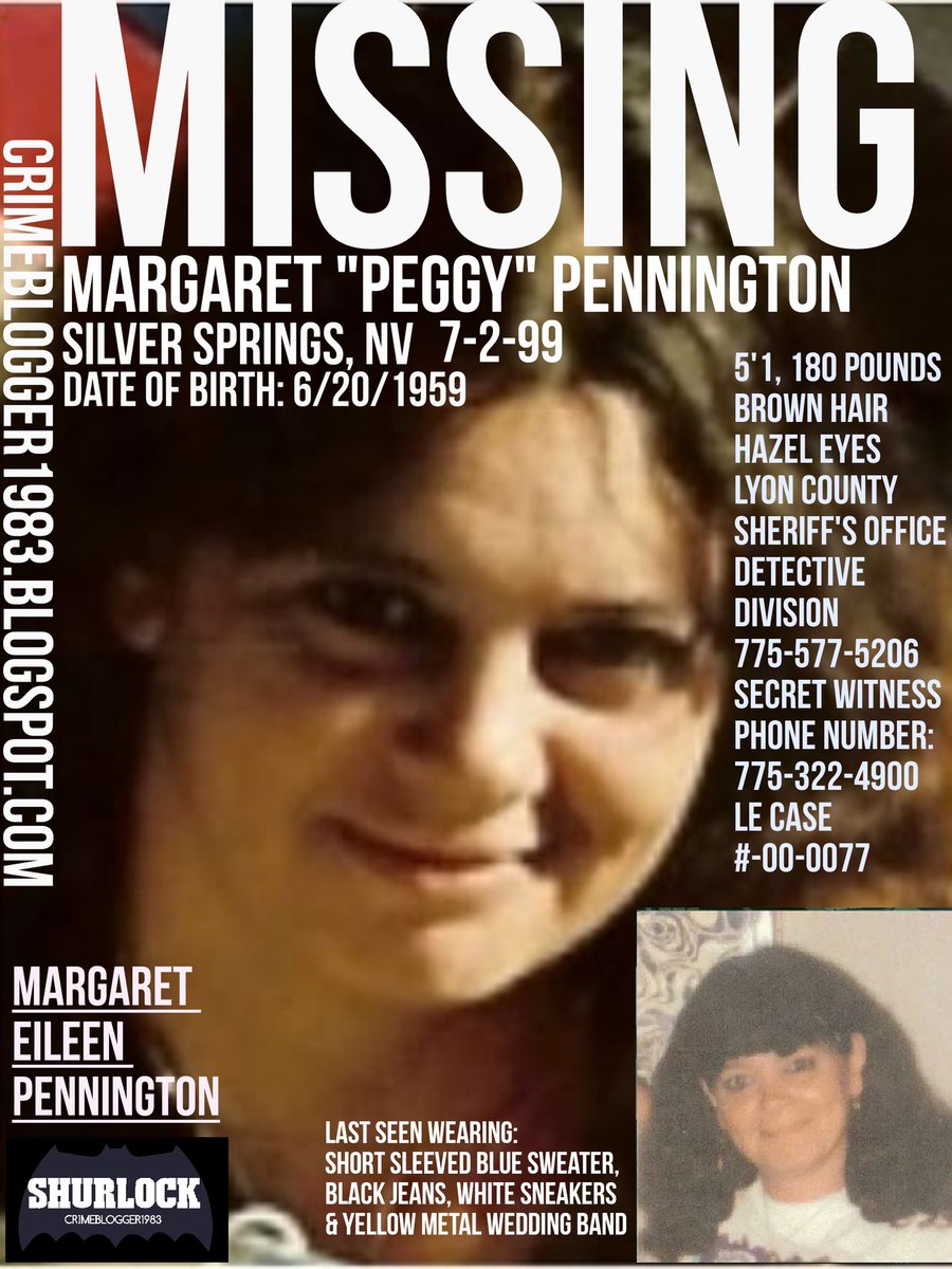 #MargaretPeggyPennington
#SilverSpringsNV
#PeggyPennington
#MargaretEileenPennington
#LyonCountySheriffsOffice
#ShurlockHolmes
#CrimeBlogger1983
#MissingPerson
#ColdCase
#Unsolved
#Nevada
#MissingInNevada