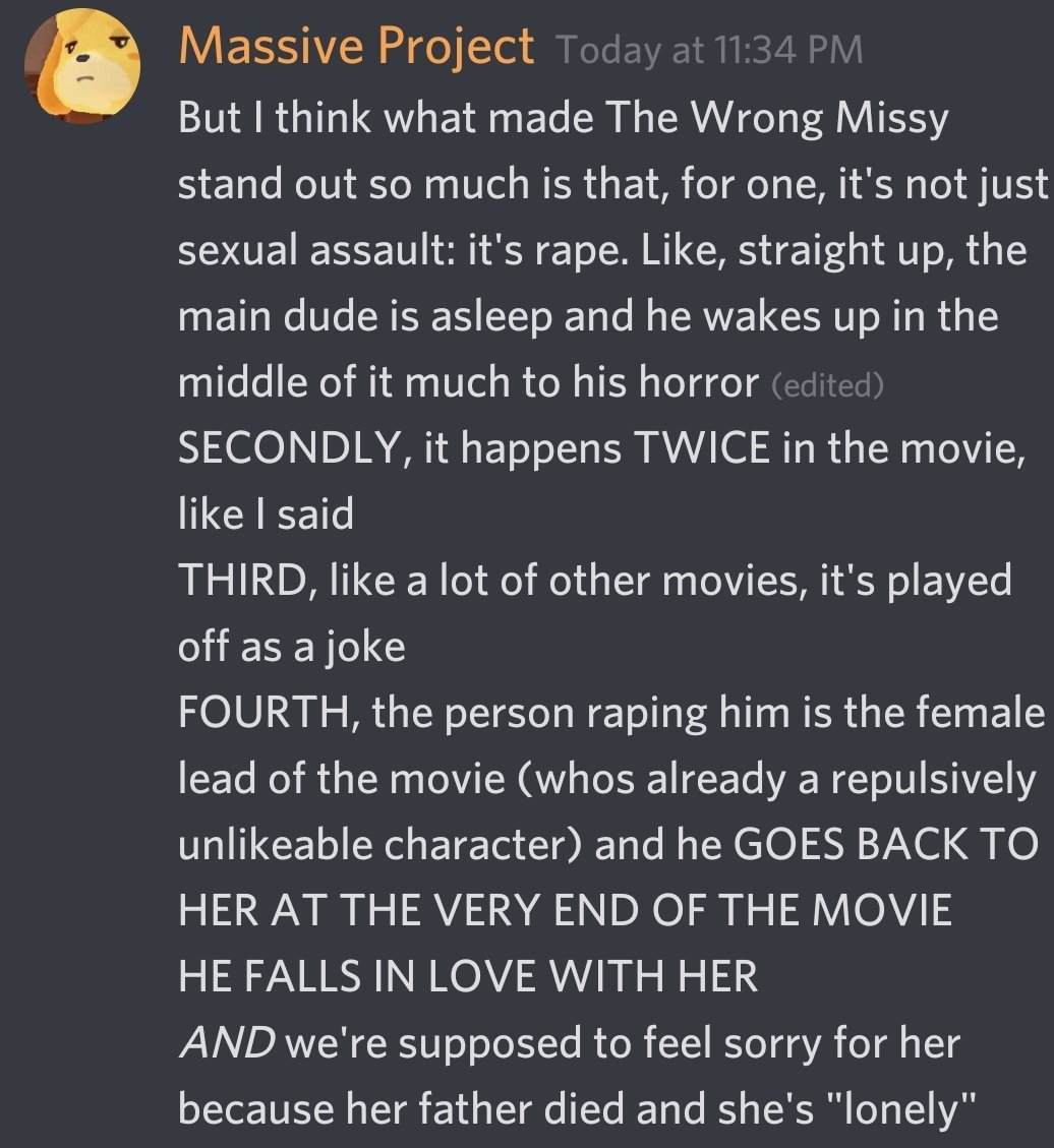 noaghwhy's tweet photo. Just watched The Wrong Missy on Netflix. 

Um. TW: r**e

Here's what i gotta say about that

But like fr, MAYBE we can cool it with the sexual assault of men jokes in movies, now? Just a lil bit? https://t.co/IBcJXAFN9O