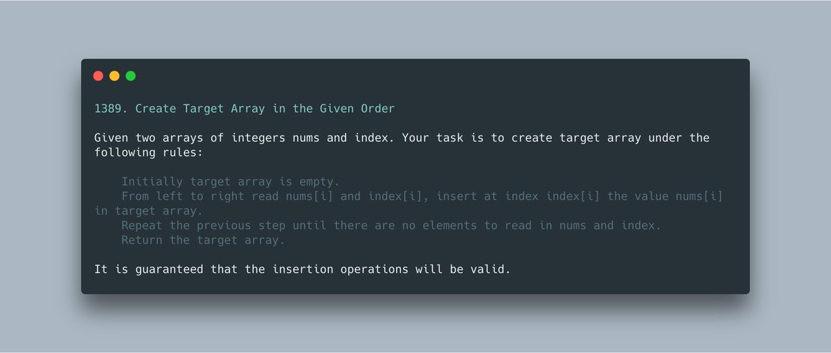 frcodelife's tweet image. #leetcode
1389. Create Target Array in the Given Order

#python #codeproblem