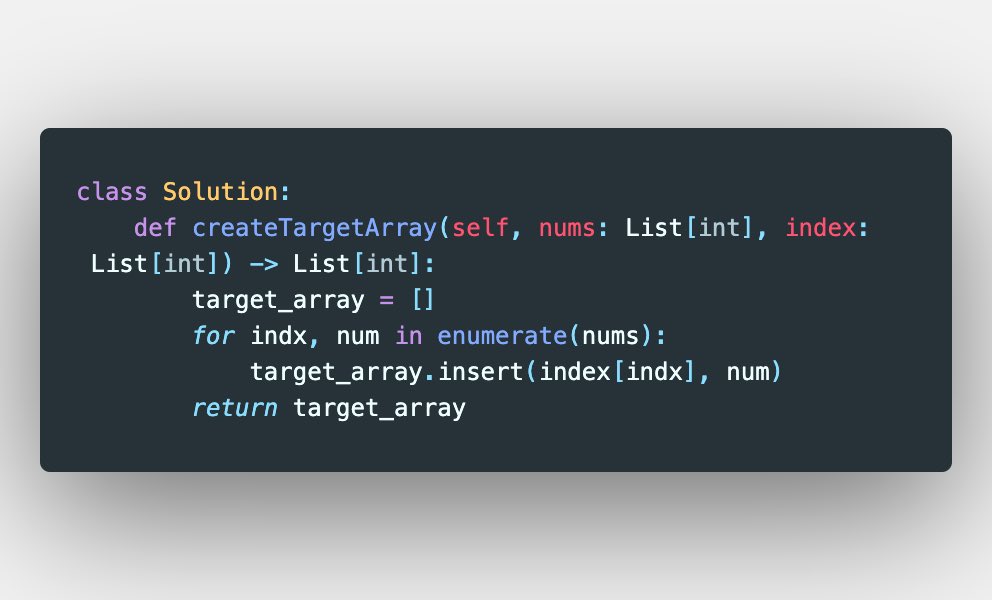 frcodelife's tweet image. #leetcode
1389. Create Target Array in the Given Order

#python #codeproblem