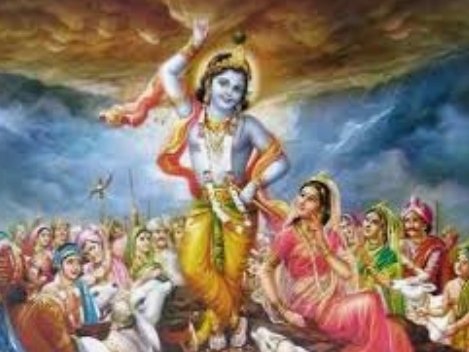 When the rain did not stop, Then all the Brajwasis asked Shri Krishna for help. On that he held the Govardhan mountain on his finger & called the Brajwasis under it.  Now there was no effect of rain & thunder on the Brajwasis when they come down the mountain of Govardhan