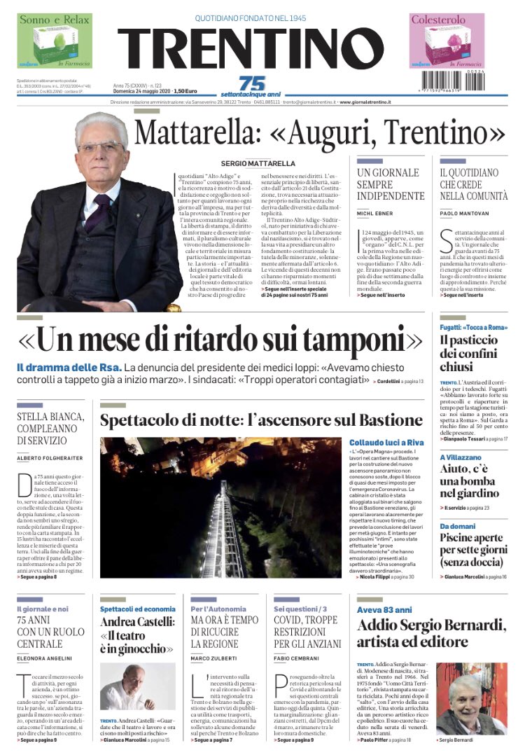 paolomantovan's tweet photo. 75 anni
Di storia, di cronaca, di informazione, di indipendenza, di vita nella comunità.
Oggi il “Trentino” compie 75 anni e regala ai lettori un inserto che celebra il compleanno perché 75 anni sono davvero un traguardo straordinario per un giornale che guarda sempre avanti https://t.co/xWuLahV0Da