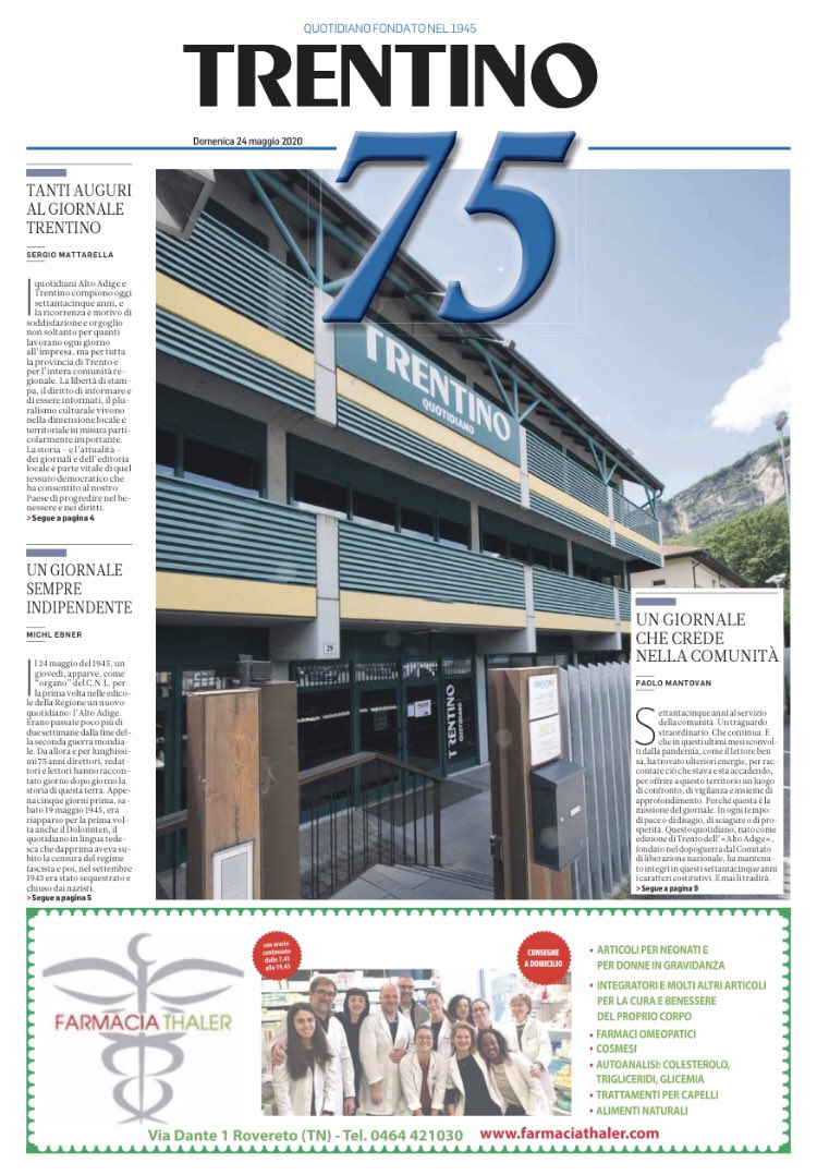75 anni
Di storia, di cronaca, di informazione, di indipendenza, di vita nella comunità.
Oggi il “Trentino” compie 75 anni e regala ai lettori un inserto che celebra il compleanno perché 75 anni sono davvero un traguardo straordinario per un giornale che guarda sempre avanti