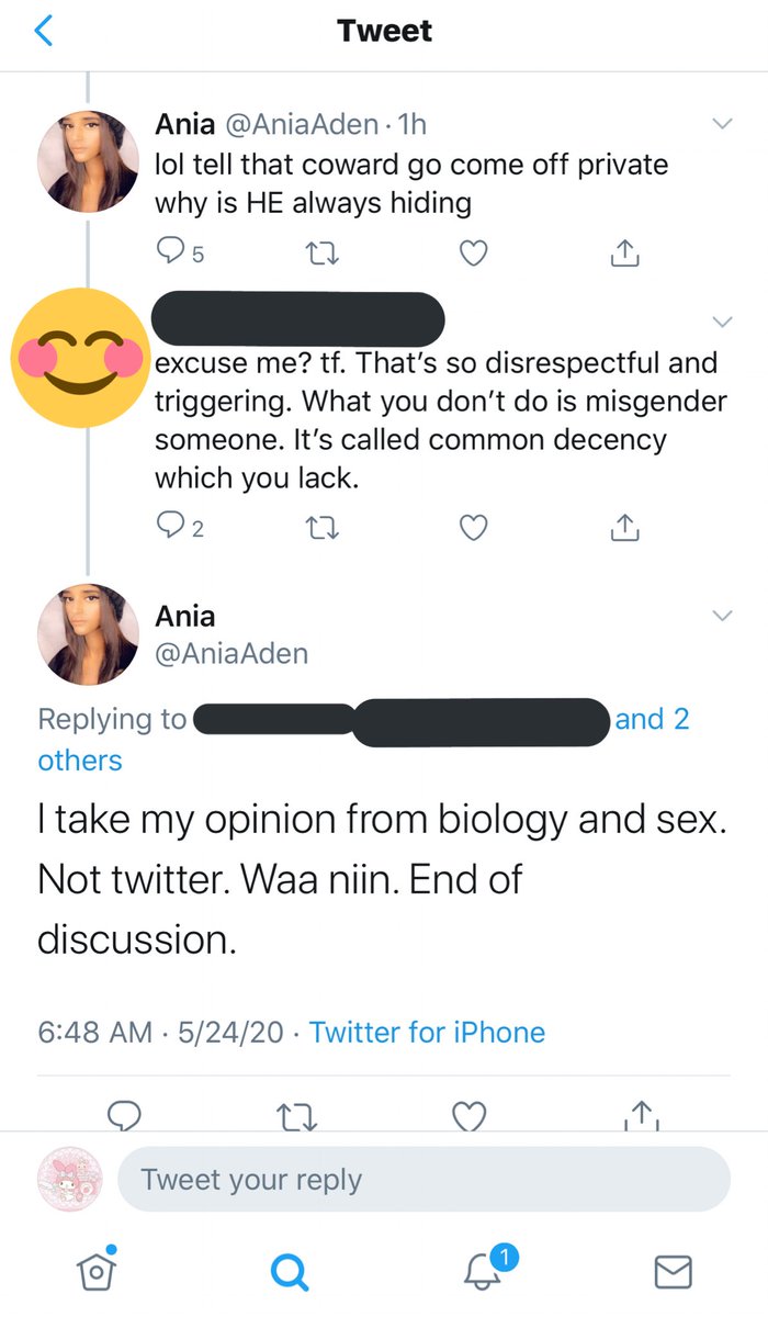 exhibit 1a: ania masking her transphobia by claiming that she’s using “biology and sex” after being confronted by a mutual of mine after she intentionally misgendered me.