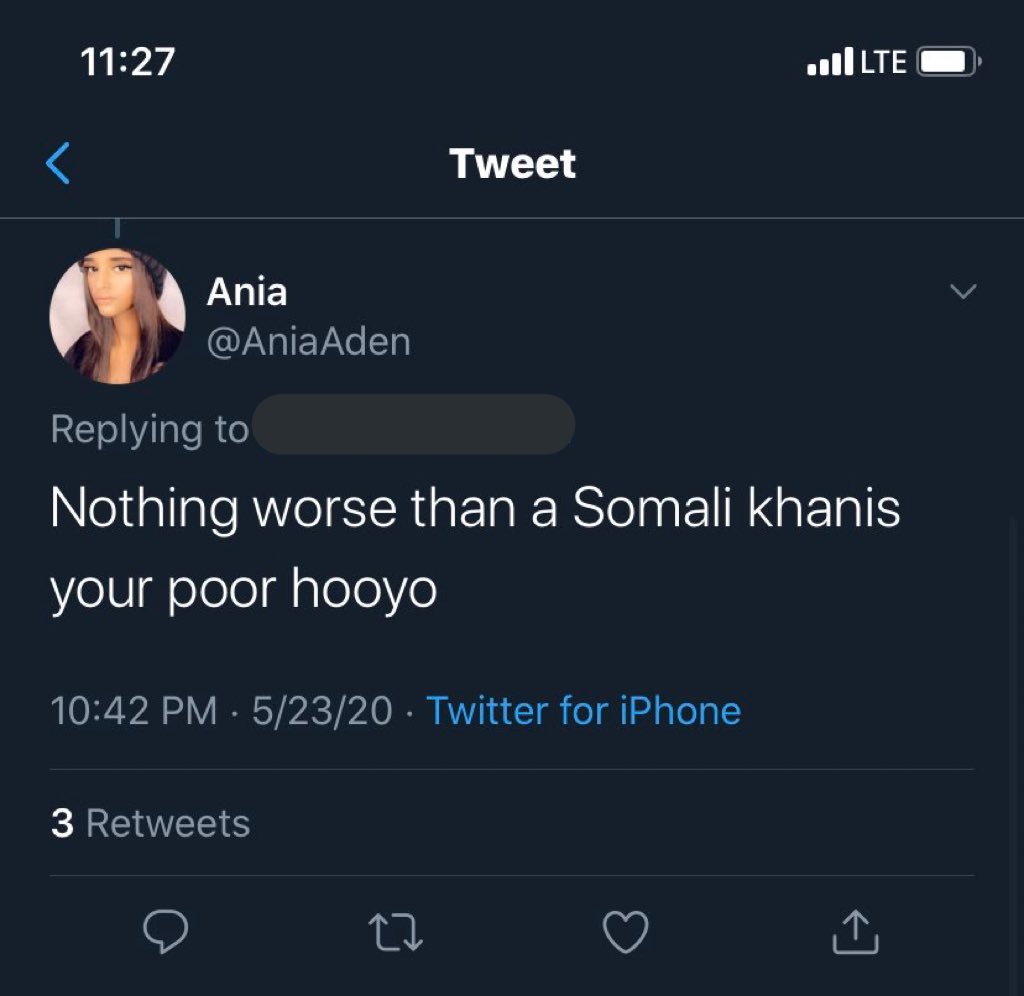 exhibit 2: ania refers to a mutual of mine as a “khaniis”, which is the somali derogatory equivalent of the f slur used to refer to gay people, showing how homophobic she is.