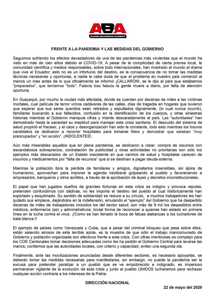ABA_EC's tweet photo. Un breve análisis sobre el desastre del manejo de la pandemia, la complicidad con las grandes fortunas, las abusivas medidas contra los servidores de salud y la convocatoria a movilizarse https://t.co/HNsCQb6Yq2